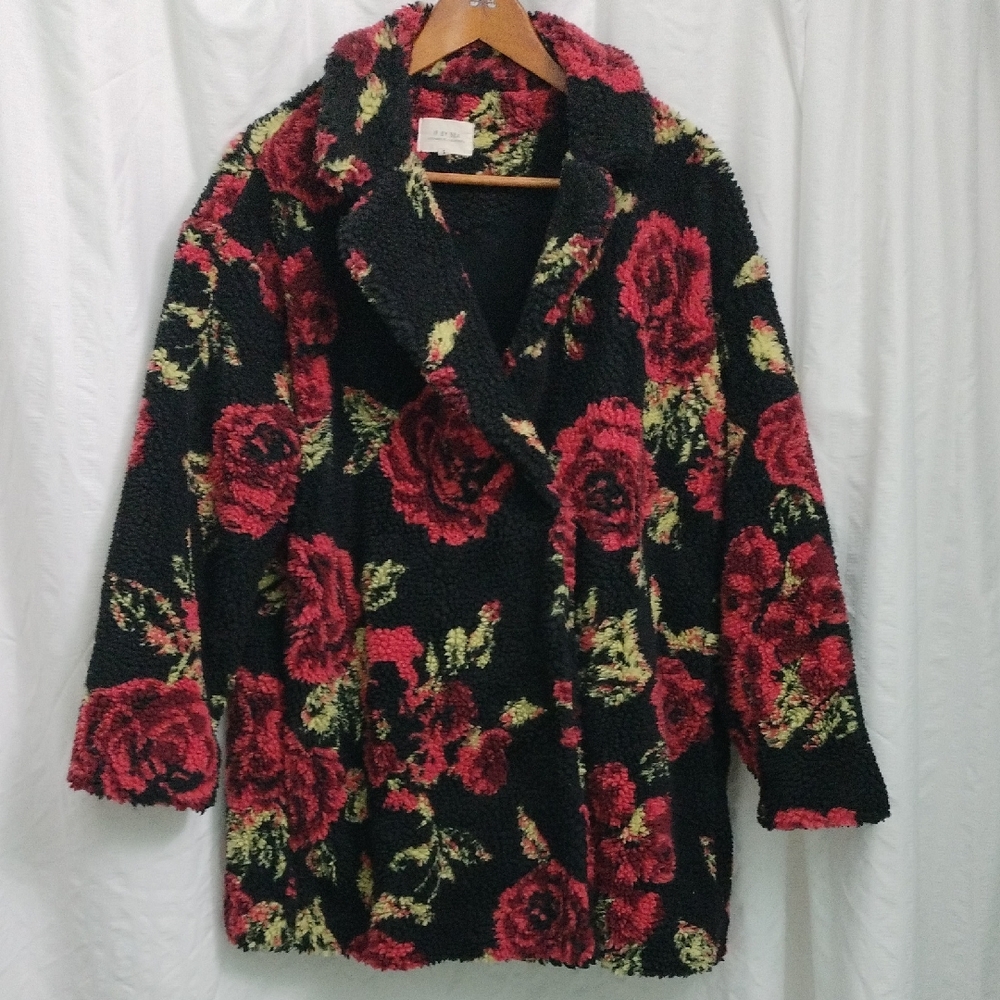 NWOT ANTHROPOLOGIE IF By Seas Black Floral Teddy Coat with Red Rose Print